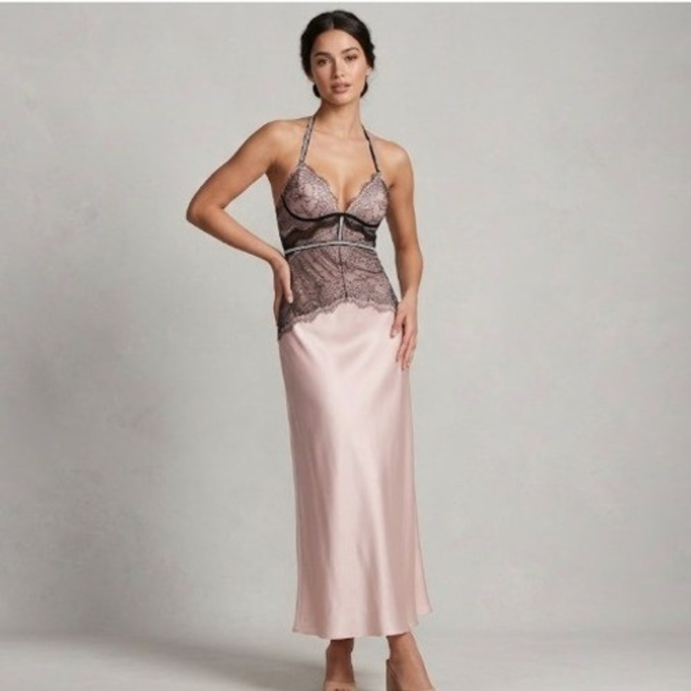 Victorias Secret Pink Satin Eyelash Lace Maxi Dress Slip V-Neck Evening Gown